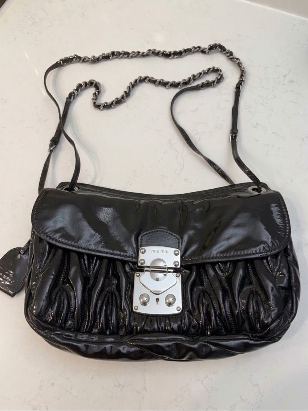 Miu Miu Black Patent Leather Shoulder Bag with Silver Chain
